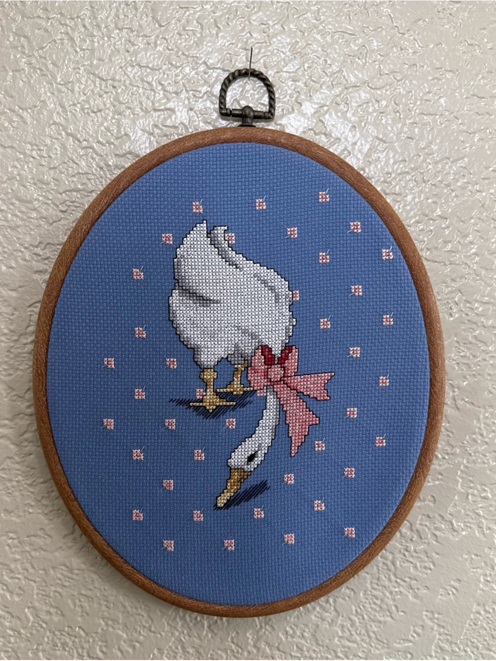 Handcrafted White Goose Cross-Stitch Hoop with Pink Bow - cottage core vintage